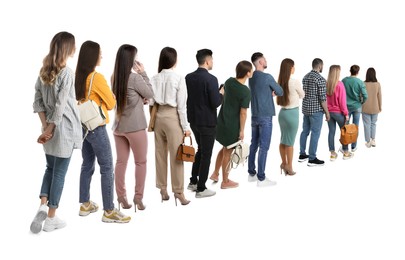 Queue of many people on white background