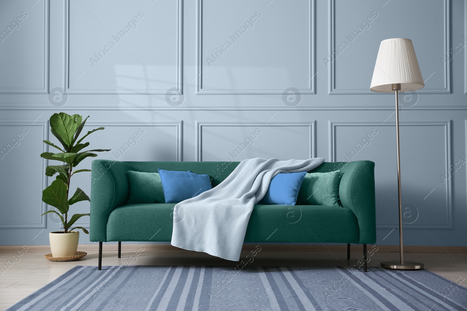 Image of Comfortable sofa, houseplant and lamp near wall in room