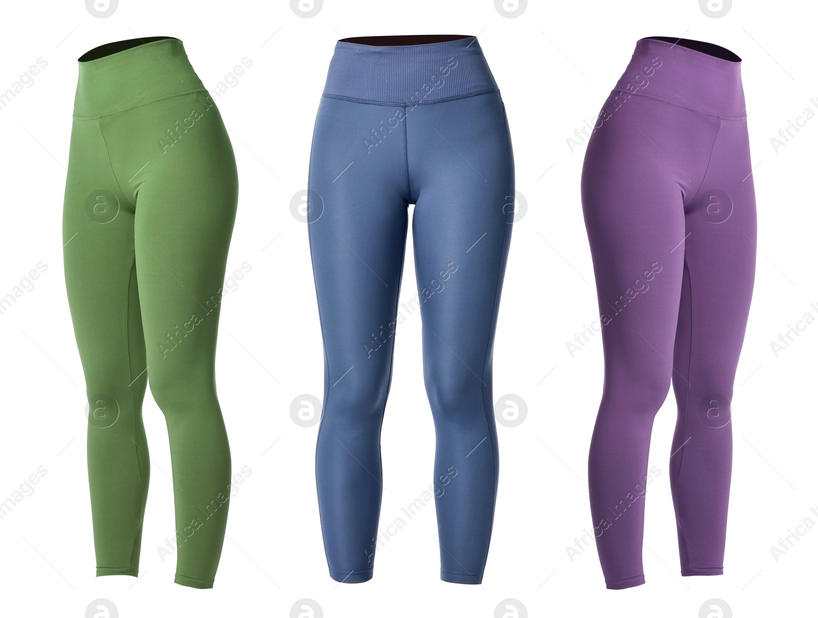 Image of Various yoga leggings on white background, collage. Different sides