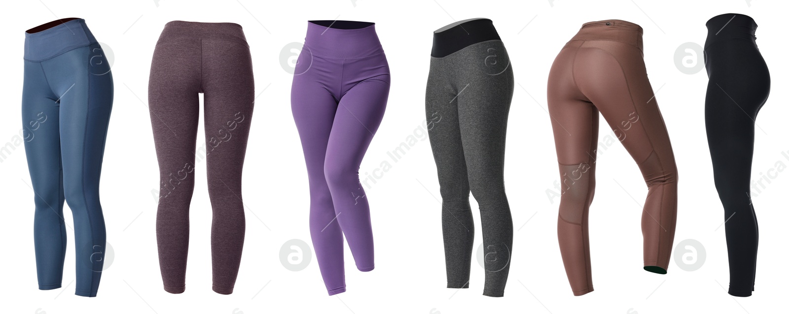 Image of Various yoga leggings on white background, collage. Different sides