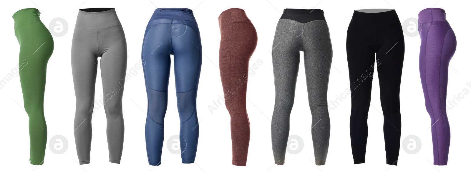 Image of Various yoga leggings on white background, collage. Different sides