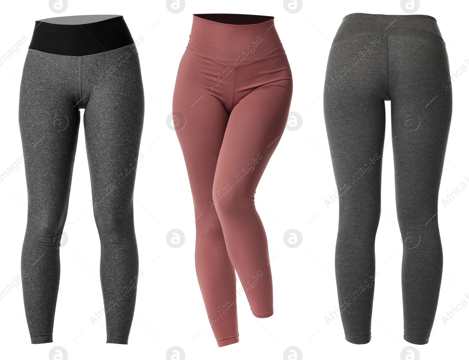 Image of Various yoga leggings on white background, collage. Different sides