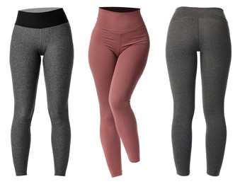 Image of Various yoga leggings on white background, collage. Different sides