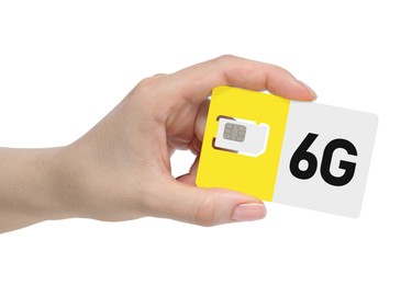 Image of Woman holding modern 6G SIM card on white background, closeup