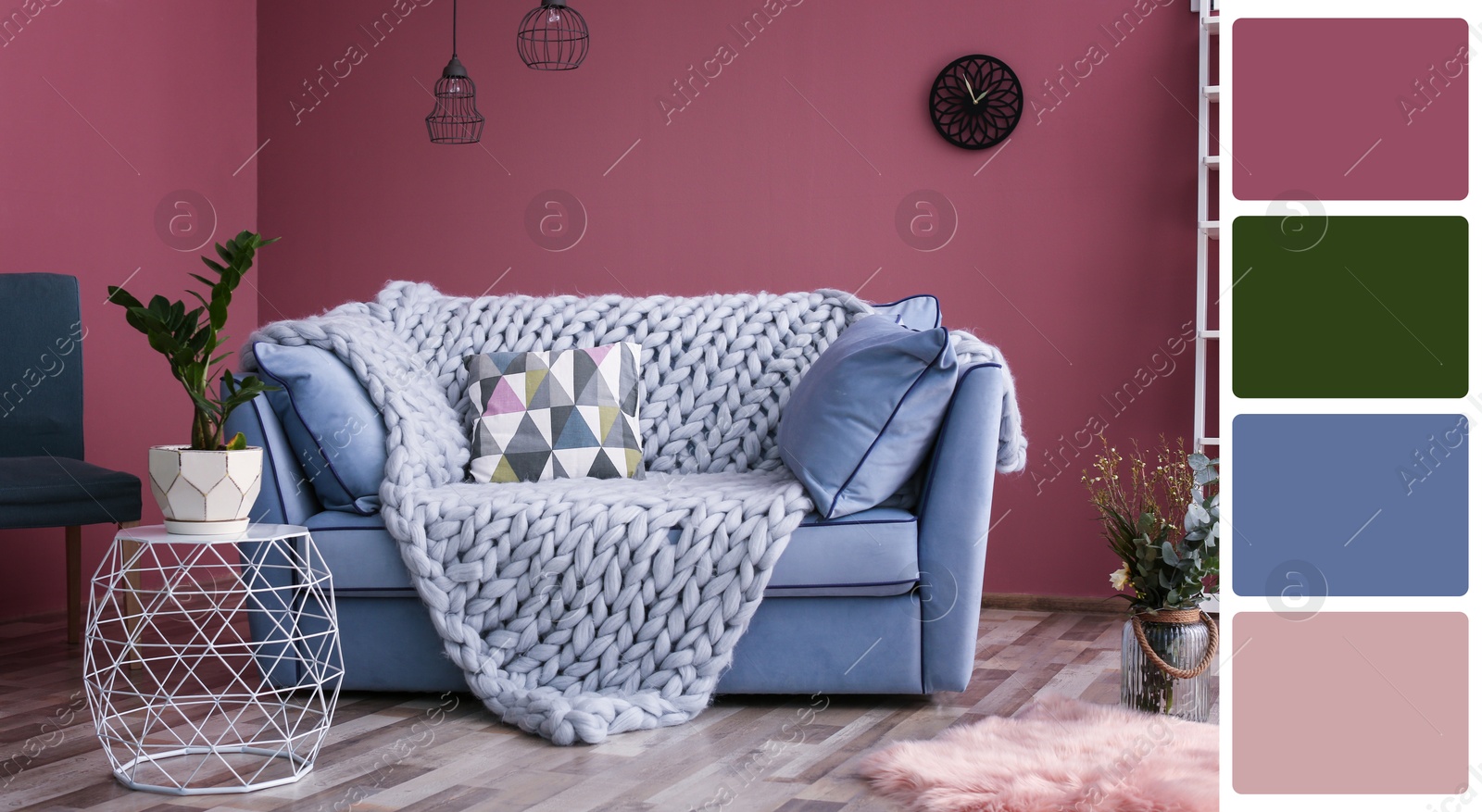 Image of Stylish living room with comfortable sofa near color wall. Interior design and matching color palette