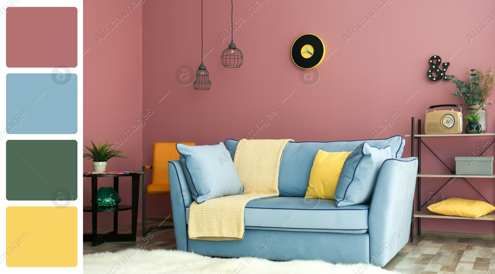 Image of Stylish living room with comfortable sofa near dusty pink wall. Interior design and matching color palette