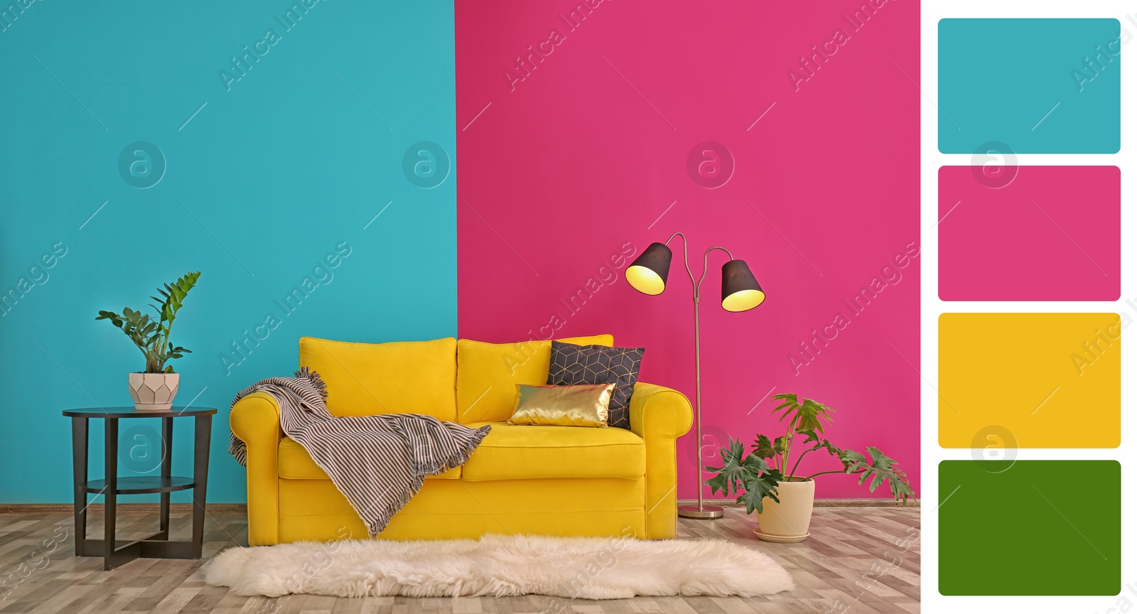 Image of Stylish living room with comfortable sofa near colorful wall. Interior design and matching color palette