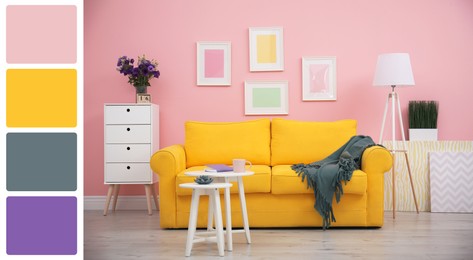 Image of Stylish living room with comfortable sofa near pink wall. Interior design and matching color palette