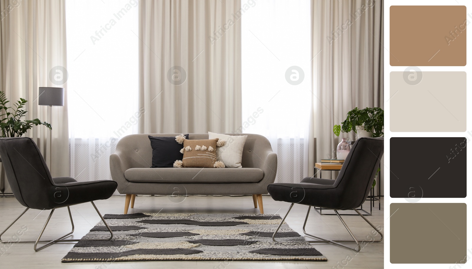 Image of Stylish living room with comfortable sofa and armchairs near window. Interior design and matching color palette