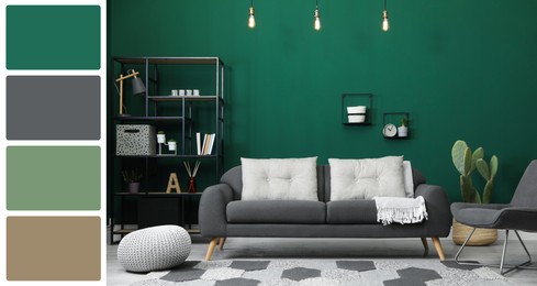 Image of Stylish living room with comfortable sofa near green wall. Interior design and matching color palette