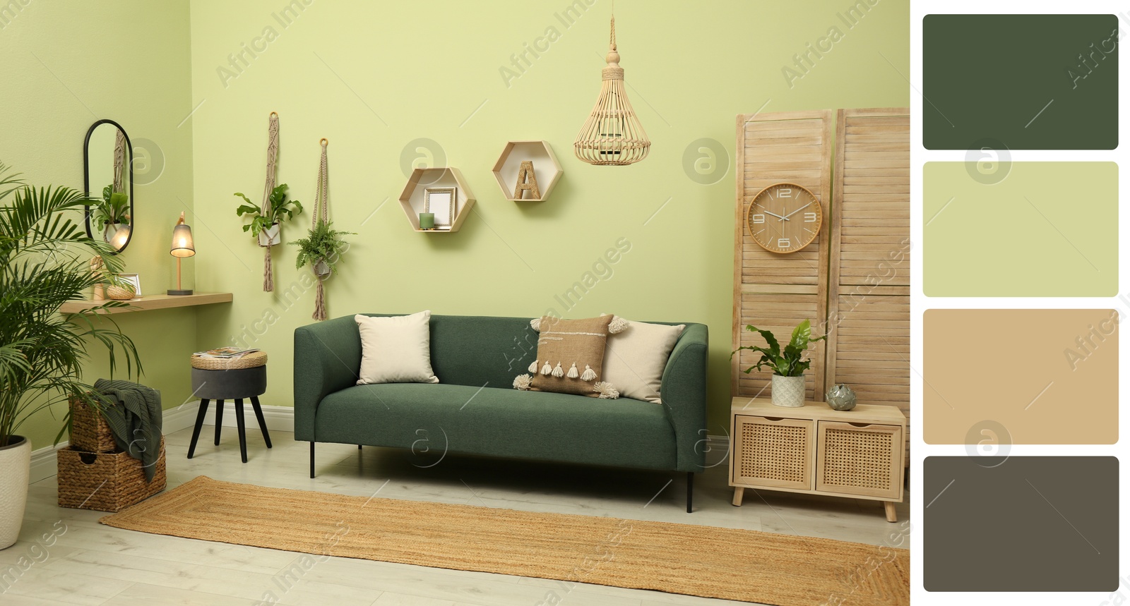 Image of Stylish living room with comfortable sofa near light green wall. Interior design and matching color palette