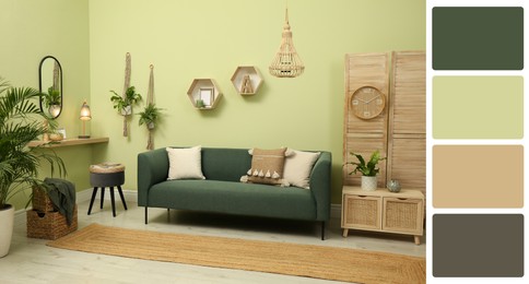 Image of Stylish living room with comfortable sofa near light green wall. Interior design and matching color palette