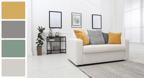 Image of Stylish living room with comfortable sofa near white wall. Interior design and matching color palette