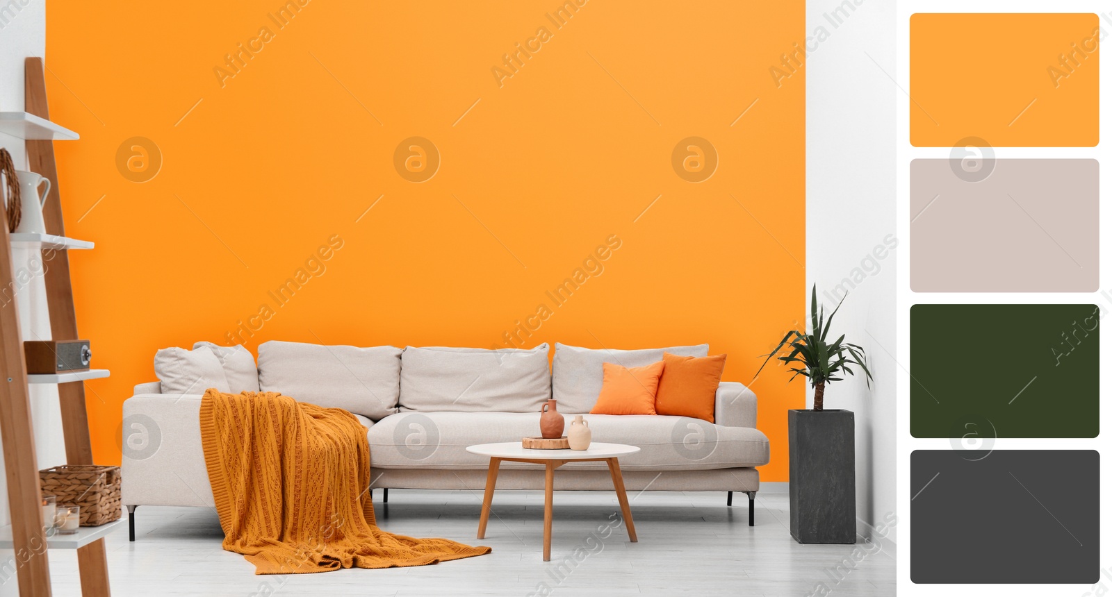 Image of Stylish living room with comfortable sofa near orange wall. Interior design and matching color palette