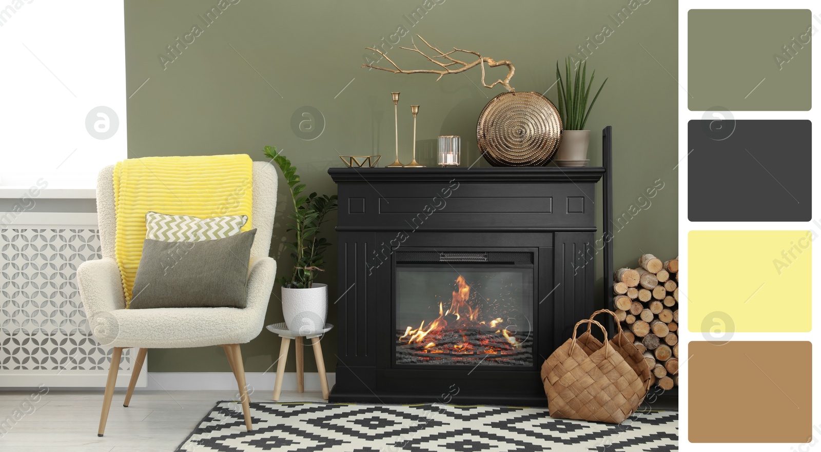 Image of Stylish living room with comfortable armchair near fireplace. Interior design and matching color palette