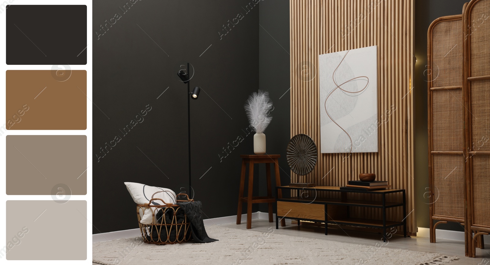 Image of Living room with stylish furniture near black wall. Interior design and matching color palette