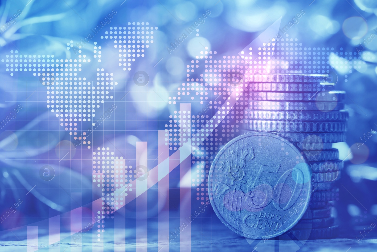 Image of Currency trading. Stacked euro cent coins and graphs, toned in blue