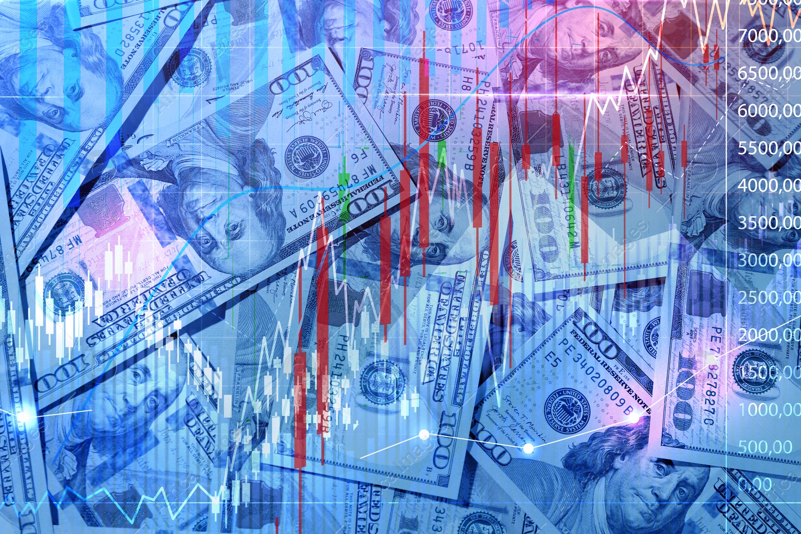 Image of Currency trading. Dollar bills and graphs, color toned