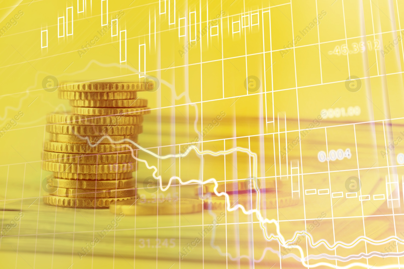 Image of Currency trading. Money and graphs, toned in yellow