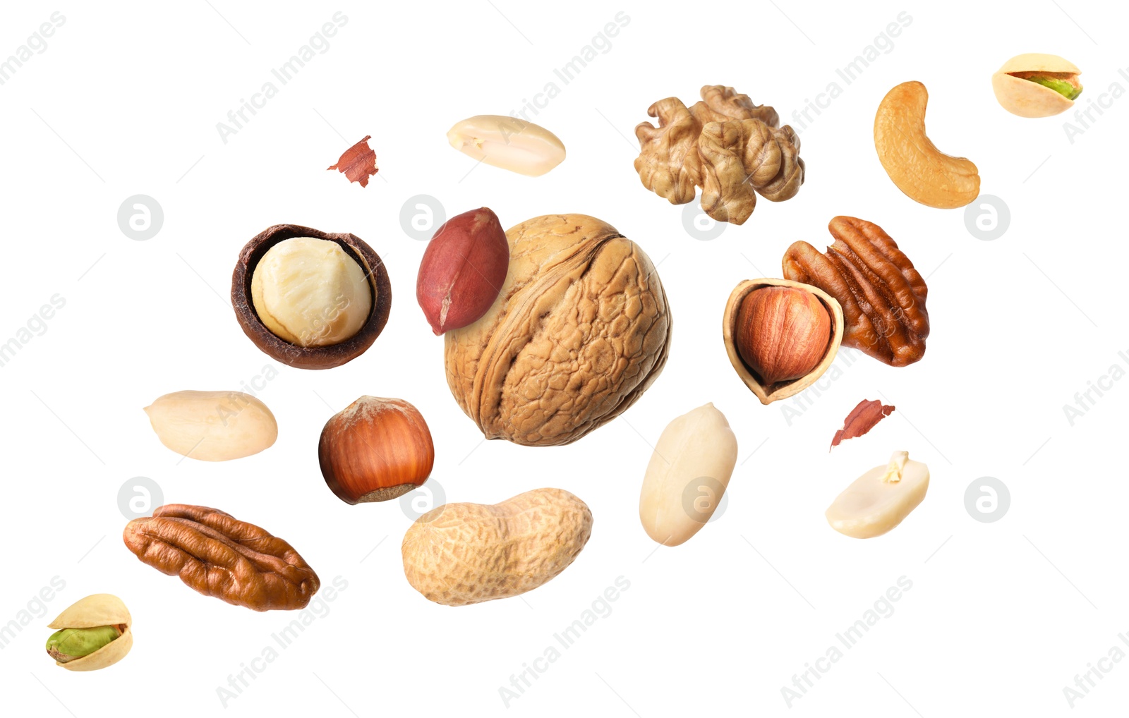 Image of Macadamia and other nuts in air on white background