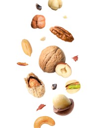 Image of Macadamia and other nuts in air on white background