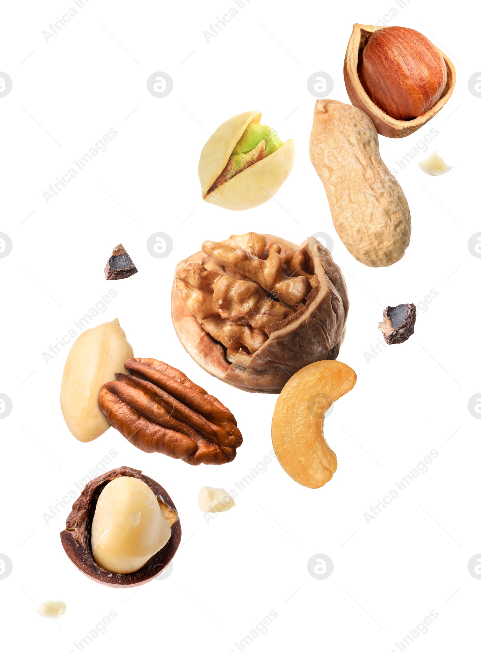 Image of Macadamia and other nuts in air on white background