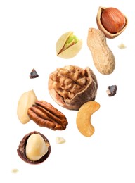 Macadamia and other nuts in air on white background