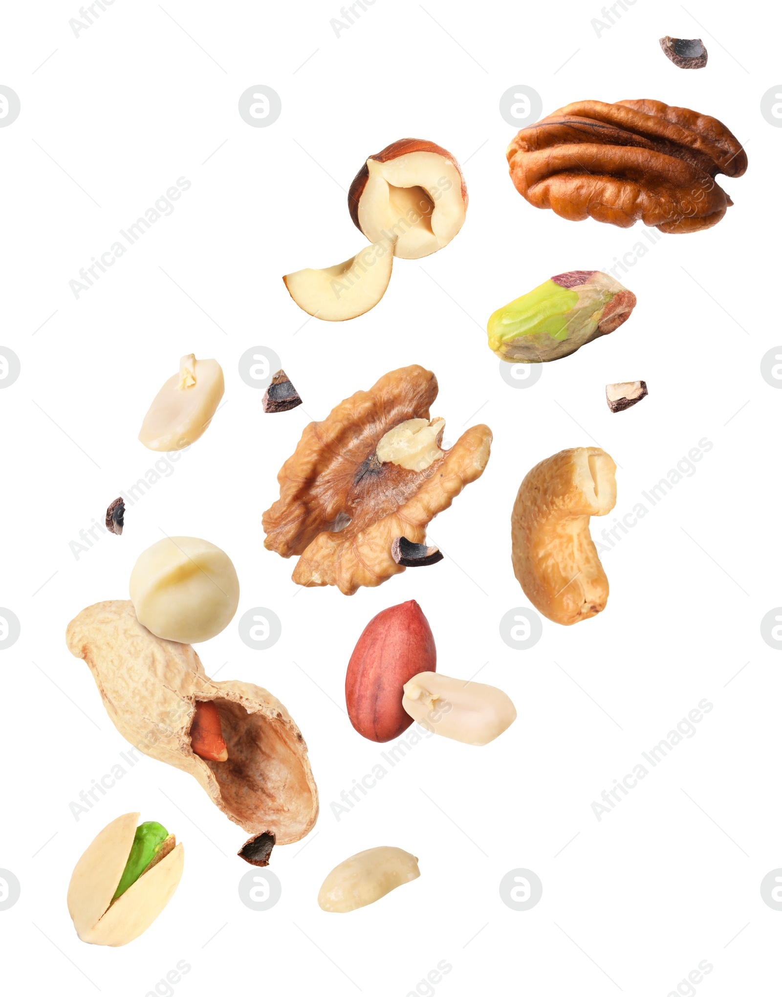 Image of Macadamia and other nuts in air on white background