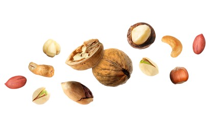 Macadamia and other nuts in air on white background