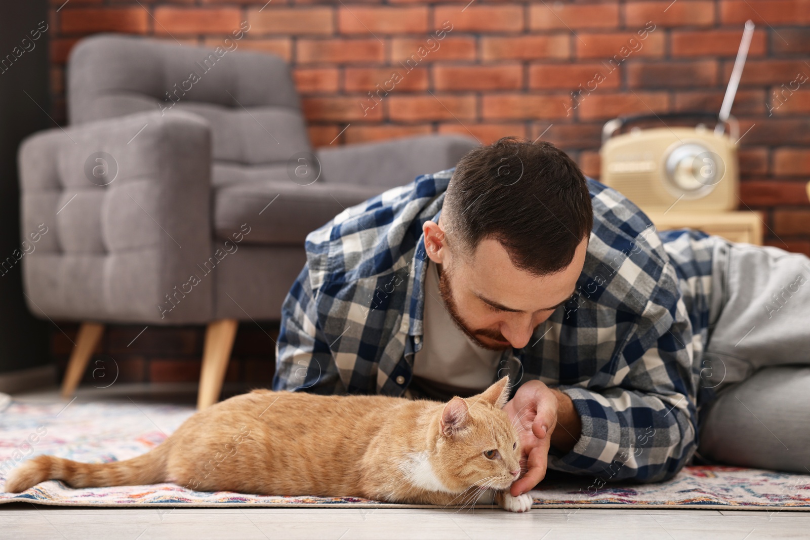 Photo of Man petting cute ginger cat on floor at home