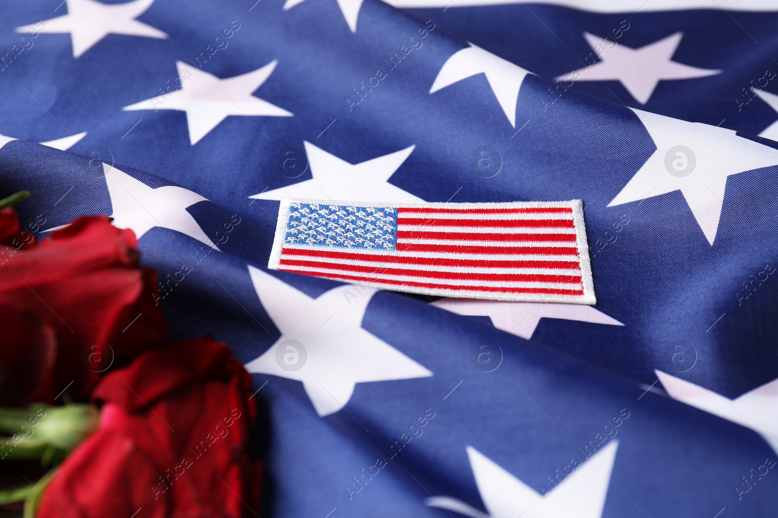 Photo of Veterans day. American army patch and rose flowers on USA flag, closeup