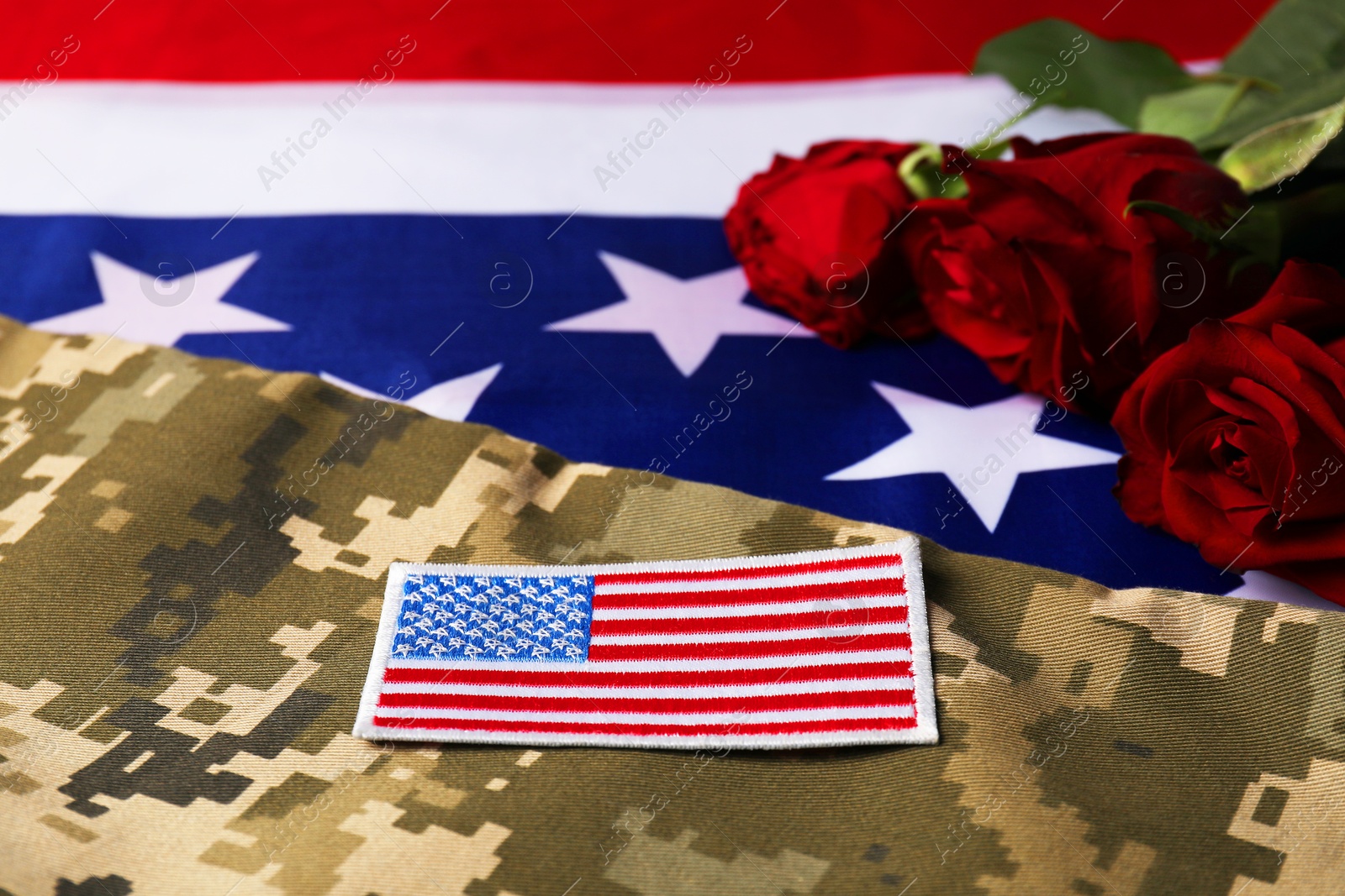 Photo of Veterans day. USA army patch, rose flowers and military uniform on American flag, closeup