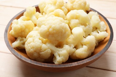 Photo of Tasty cooked cauliflower on white wooden table, closeup