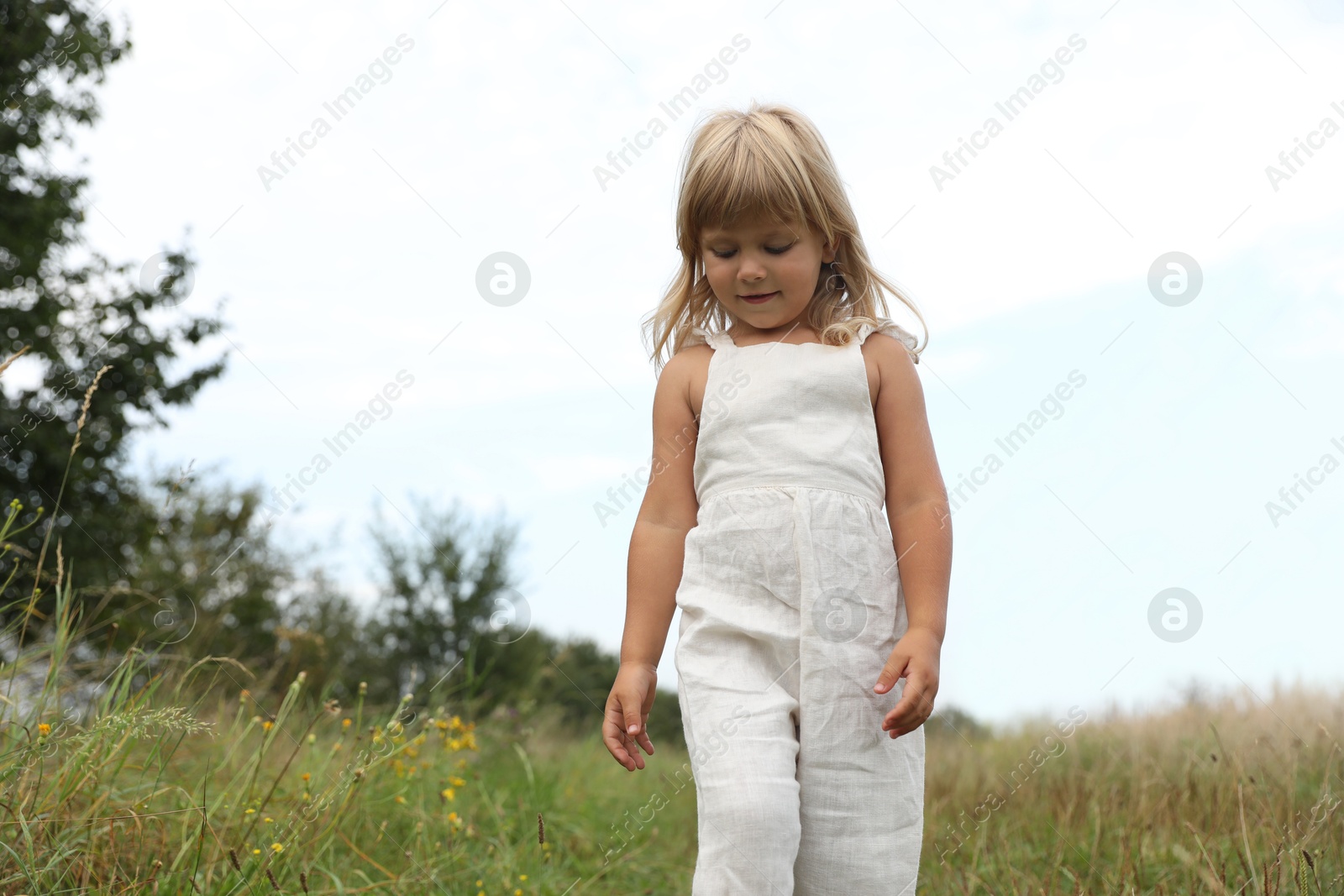 Photo of Cute little girl walking at meadow. Child enjoying beautiful nature