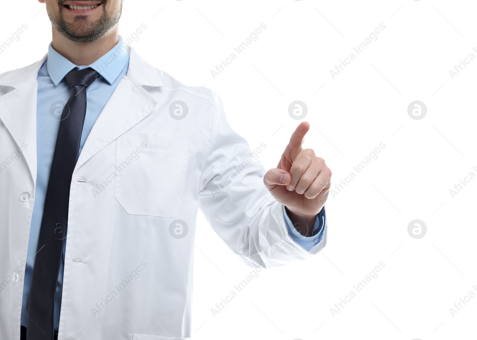 Photo of Doctor pointing at something on white background, closeup