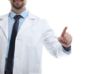 Photo of Doctor pointing at something on white background, closeup