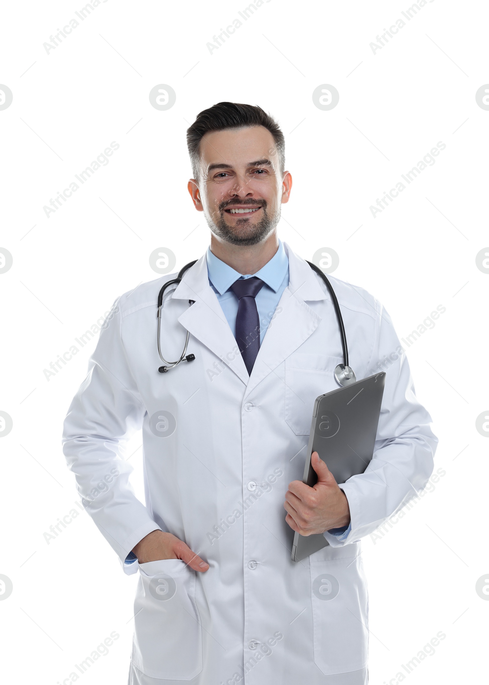 Photo of Smiling doctor with stethoscope and laptop isolated on white