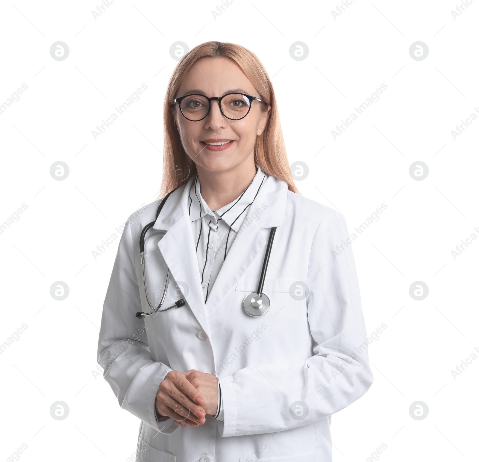 Photo of Smiling doctor with stethoscope on white background