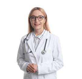 Smiling doctor with stethoscope on white background