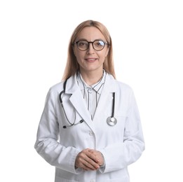 Photo of Smiling doctor with stethoscope on white background