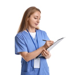 Doctor with clipboard writing notes on white background