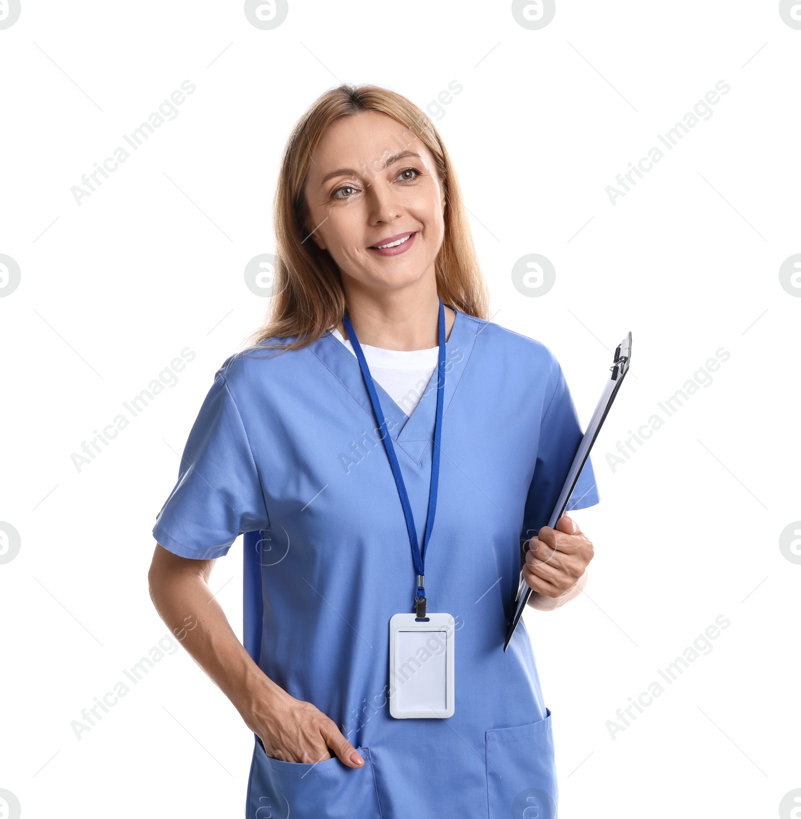 Photo of Doctor with badge and clipboard on white background