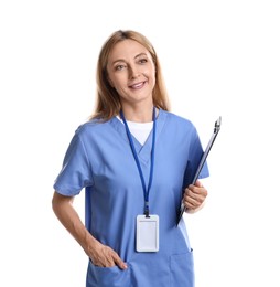 Photo of Doctor with badge and clipboard on white background