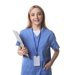 Doctor with badge and clipboard on white background