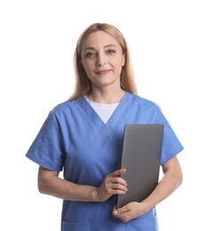 Portrait of doctor with laptop on white background