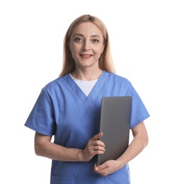 Photo of Smiling doctor with laptop on white background