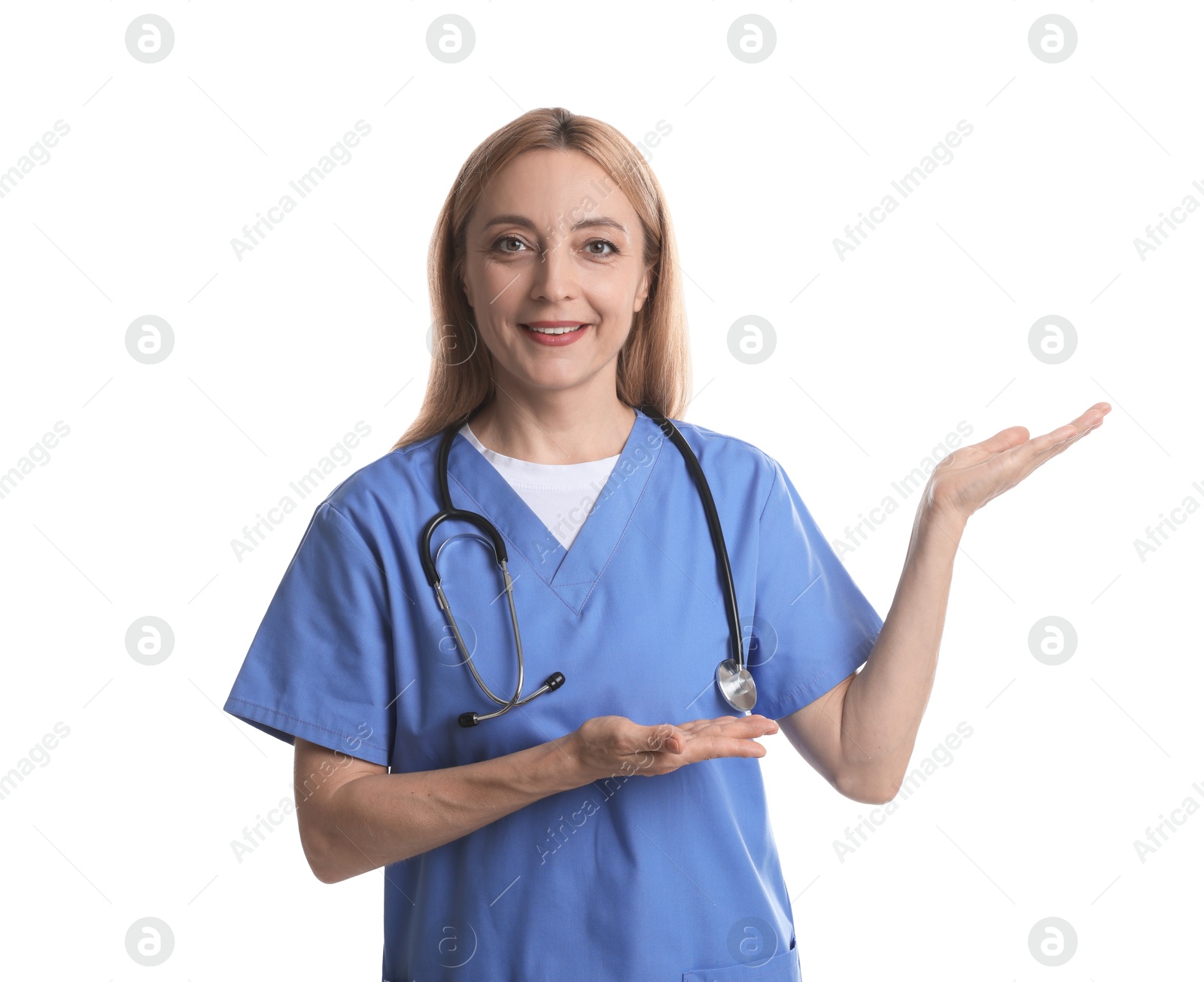 Photo of Doctor with stethoscope showing something on white background