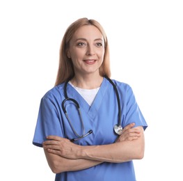 Photo of Smiling doctor with stethoscope on white background