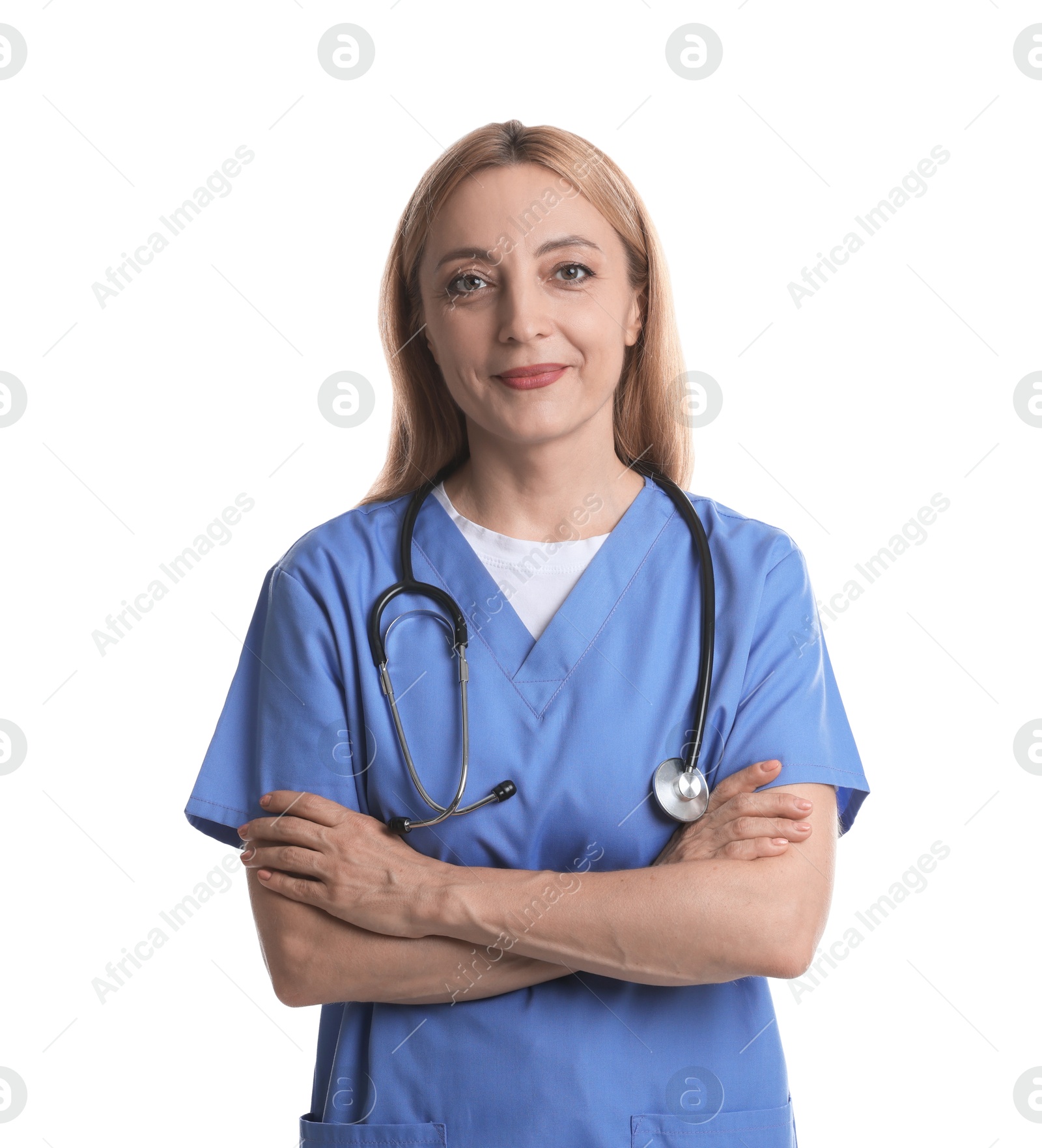 Photo of Portrait of doctor with stethoscope on white background