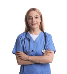 Portrait of doctor with stethoscope on white background